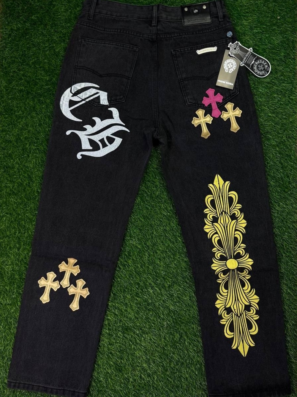 Chrome Hearts Black Jeans with Yellow Ornate Panel & Cross Patches